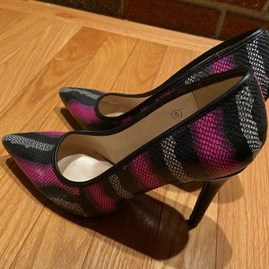 C. LABEL striped snakeskin print heels, size 8